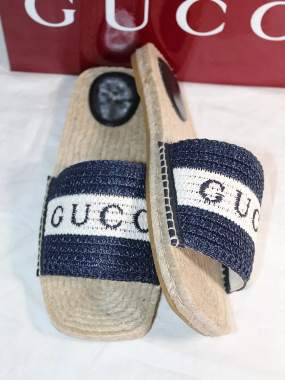 NWB Gucci Macrochet Raffia Logo Flats Slides Espadrille Sandals Blue 40 832456